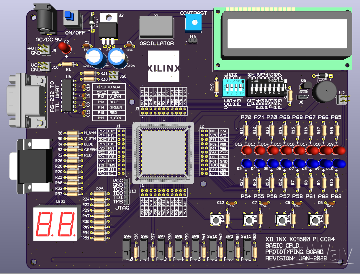 The PCB of a DIY CPLD experimental board with XC9572 and XC95108