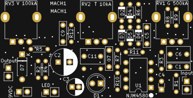 Alternate PCB for Mach 1 guitar overdrive at PedalPCB.com for embedding into modular combo guitar pedal.