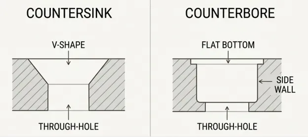 Countersink (CSINK) vs Counterbore (CBORE) Explained, hole geometry for recessed fasteners