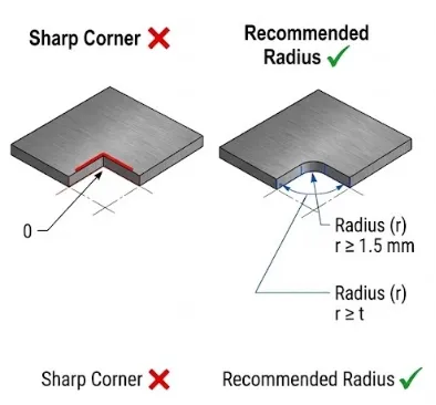 Minimum radius requirement for internal corners
